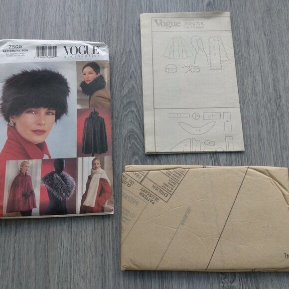 Vintage Vogue Winter Hat Sewing Pattern Collar, Stole, Capelet, Cape UNCUT 7505 - Picture 7 of 10